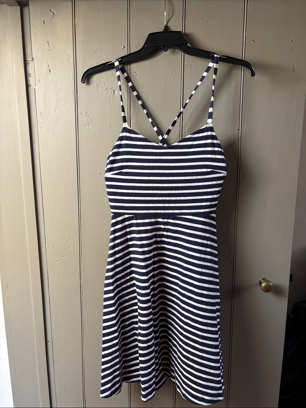 Old Navy Navy and White Striped A-line Dress with Crisscross Spaghetti Straps